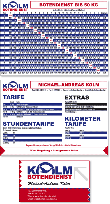 Kolm Botendienst Preiskarte & Visitenkarte