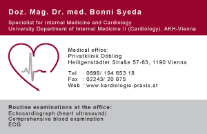 Zweiseitige Visitenkarte f�r Prof. Mag. Dr. med. Bonni Syeda